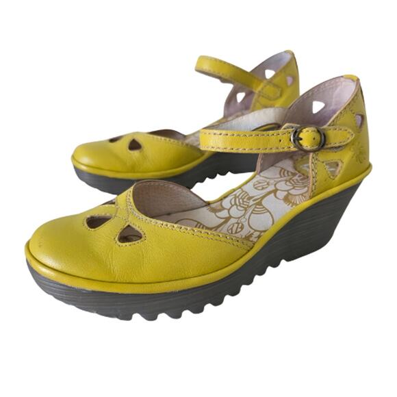 Fly London Yellow Leather Mary Jane Wedge Shoes Women Size 41 Comfort Cutout - Picture 1 of 15